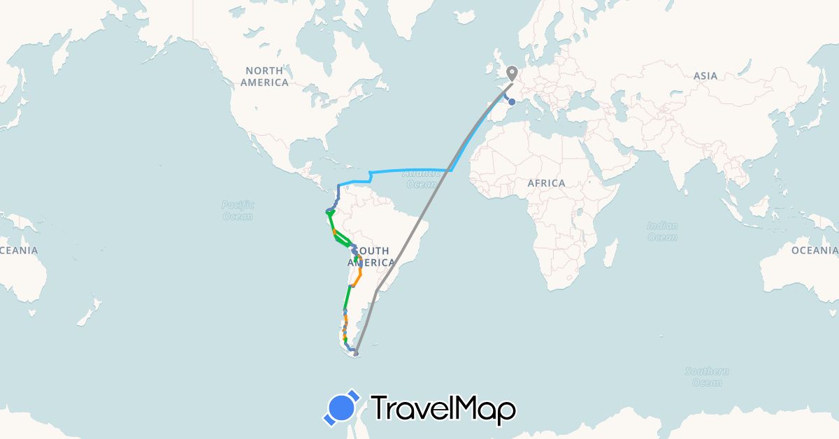 TravelMap itinerary: driving, bus, plane, cycling, boat, hitchhiking in Argentina, Bolivia, Chile, Colombia, Cape Verde, Curaçao, Ecuador, Spain, France, Grenada, Peru, Saint Vincent and the Grenadines (Africa, Europe, North America, South America)